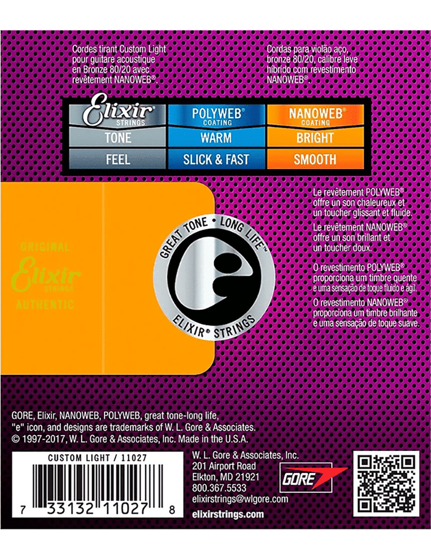 Elixir 11027 Cuerdas Guitarra Acústica Folk 6 Cuerdas Recubiertas 11-52 Custom Light Bronce 80/20 Nanoweb