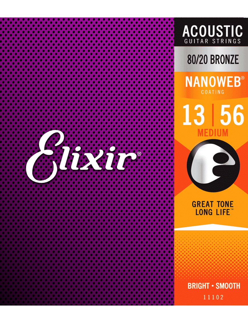 Elixir 11102 Cuerdas Guitarra Acústica Folk 6 Cuerdas Recubiertas 13-56 Medium Bronce 80/20 Nanoweb