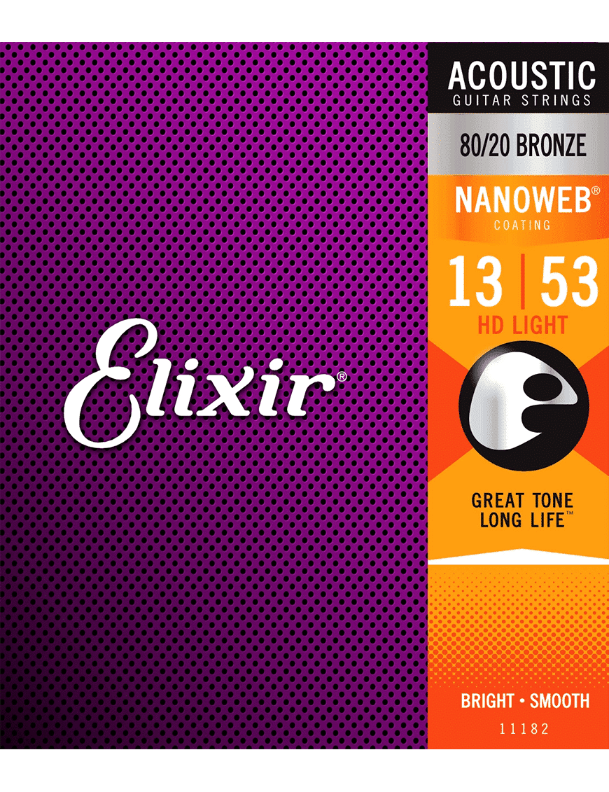 Elixir 11182 Cuerdas Guitarra Acústica Folk 6 Cuerdas Recubiertas 13-53 Hd Light Bronce 80/20 Nanoweb