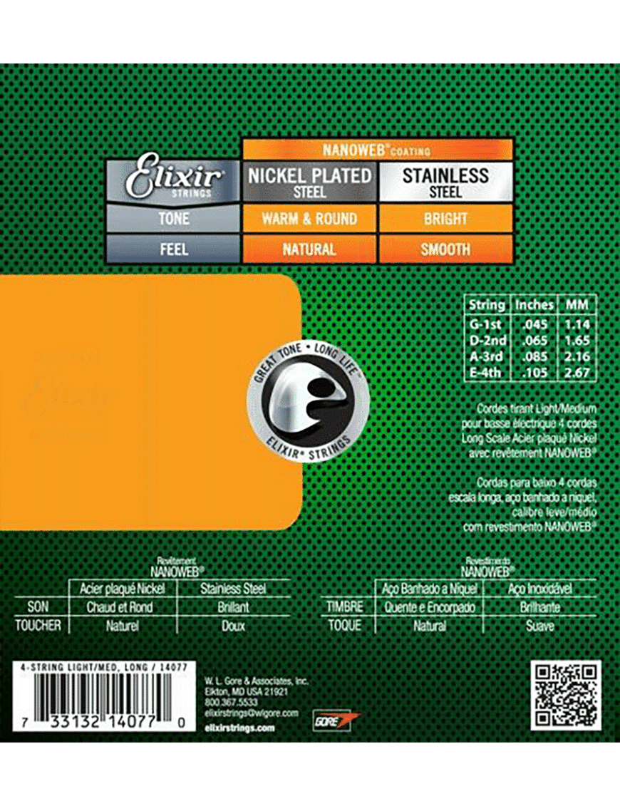 Elixir 14077 Cuerdas Bajo Eléctrico 4 Cuerdas 45-105 Light Medium Nickel Plated Steel Nanoweb