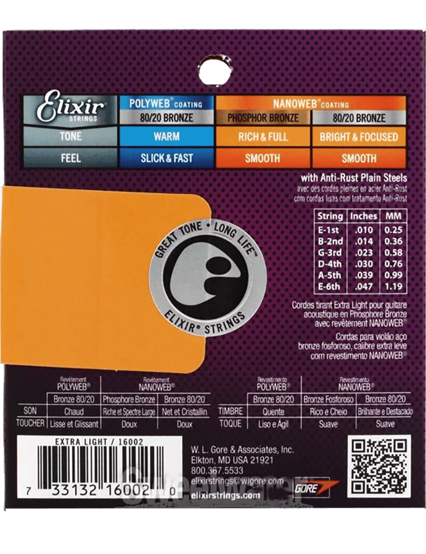 Elixir 16002 Cuerdas Guitarra Acústica Folk 6 Cuerdas Recubiertas 10-47 Extra Light Phosphor Bronze Nanoweb