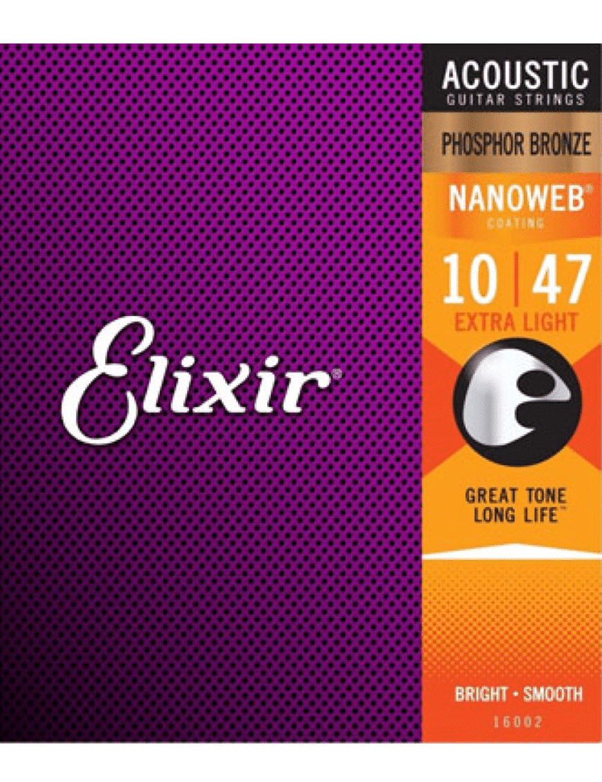 Elixir 16002 Cuerdas Guitarra Acústica Folk 6 Cuerdas Recubiertas 10-47 Extra Light Phosphor Bronze Nanoweb