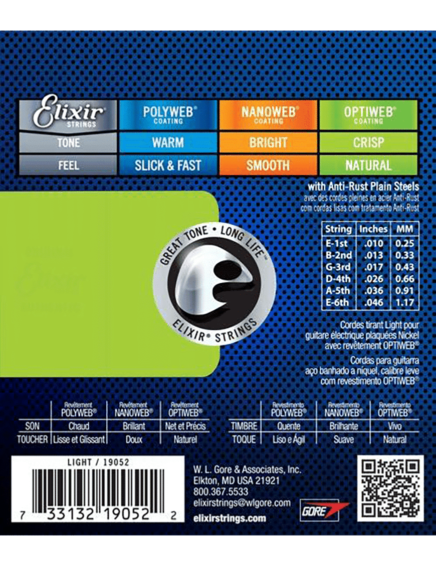 Elixir 19052 Cuerdas Guitarra Eléctrica 6 Cuerdas Recubiertas 10-46 Light Nickel Plated Steel Optiweb