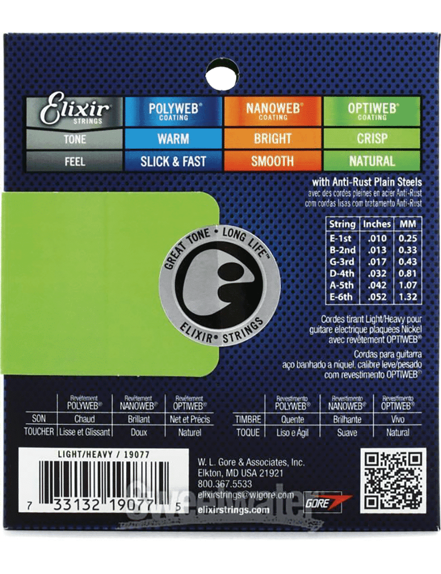 Elixir 19077 Cuerdas Guitarra Eléctrica 6 Cuerdas Recubiertas 10-52 Light Heavy Nickel Plated Steel Optiweb