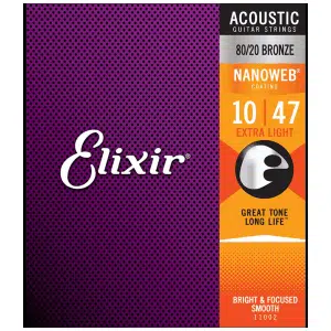 Elixir 11002 Cuerdas Guitarra Acústica Folk 6 Cuerdas Recubiertas 10-47 Extra Light Bronce 80/20 Nanoweb