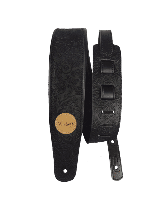 Basso Correa Guitarra VINTAGE Cuero Negro Repujado Floral 7,5 Cm