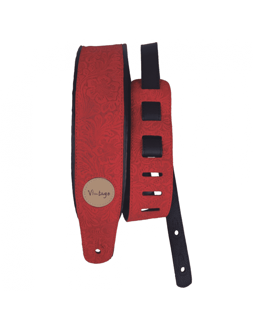 Basso Correa Guitarra VINTAGE Cuero Rojo Repujado Floral 7,5 Cm