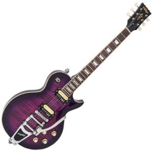 Vintage Guitarra Eléctrica V100 Reeditada con Bigsby ~ Flamed Purpleburst