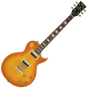 Vintage Guitarra eléctrica V100T Reeditada ~ Acabado Honeyburst Flameado